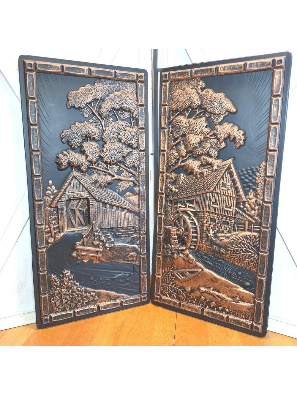 Pair Mid Century 3D Plastic Wall Art Pictures Black Copper Old Mill Bridge 21X10